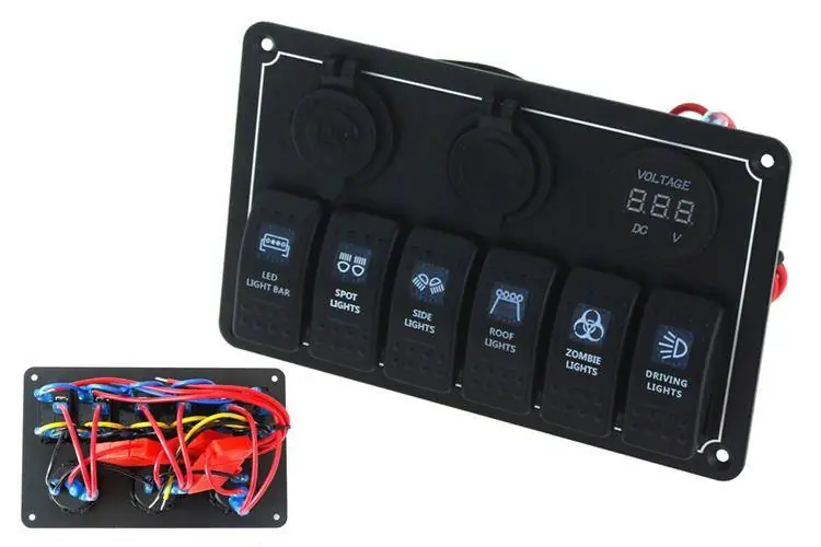 Przełącznik 12/24V ON-OFFx6, 1xZ, 2xUSB 3.1A , 1 LED volt, 3xB 15A IP68 Niebieski Bestseller