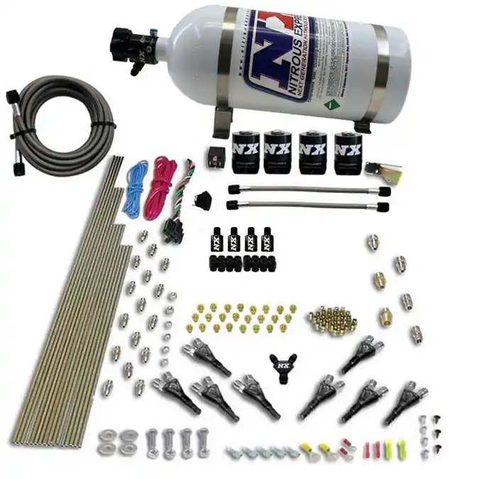 Ekspresowa dostawa 8-Cyl Shark Direct Port 4 Solenoids with 10LB Bottle (200-500Hp Jetting) 10LB Nitrous Express NX 90006-10